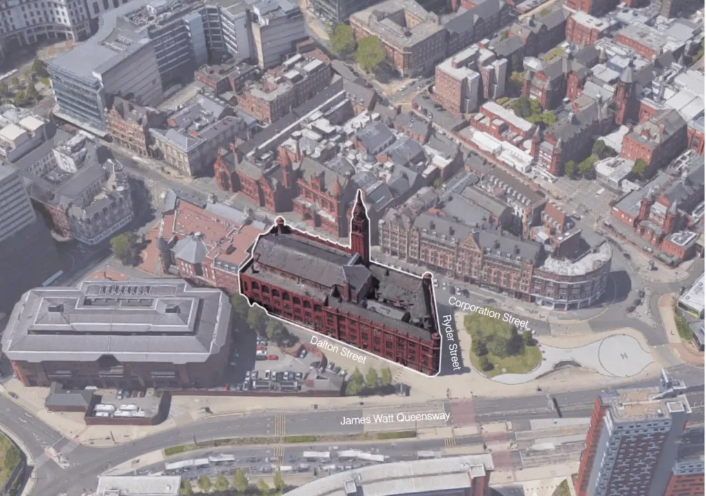 Bird’s-eye rendering of Central Hall showing full building and surrounding area