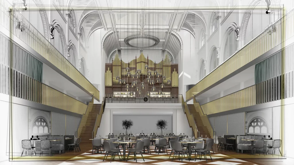 Interior render of Central Hall highlighting upscale common area design