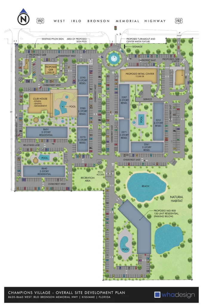 Development map of Champions Village showing building layout and site plan