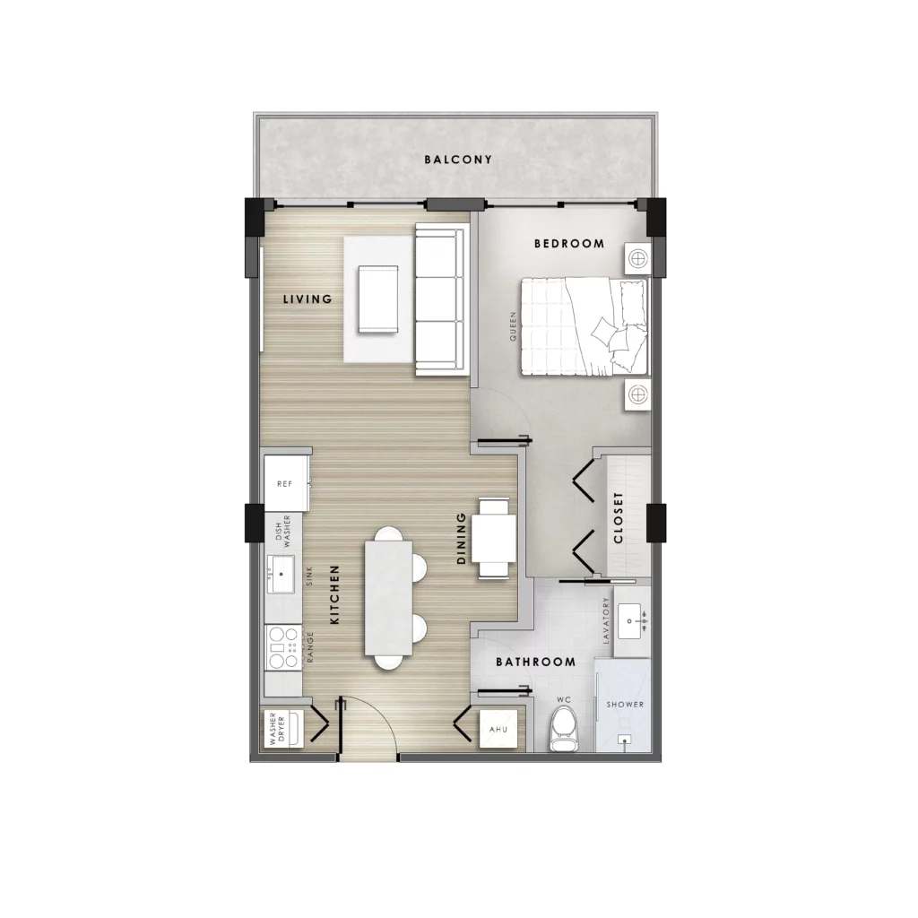 Rendered floor plan of Champions Village one-bedroom apartment with open living and dining area