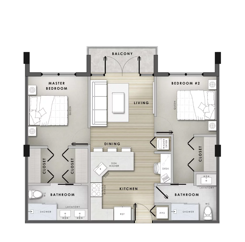 Rendered floor plan of Champions Village two-bedroom apartment with labeled living areas