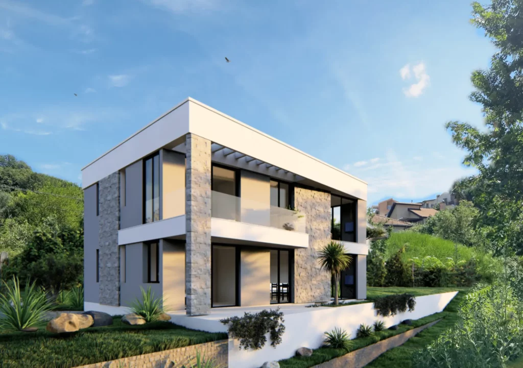 Front-facing exterior render of Drenovic Apartments highlighting entry and facade design