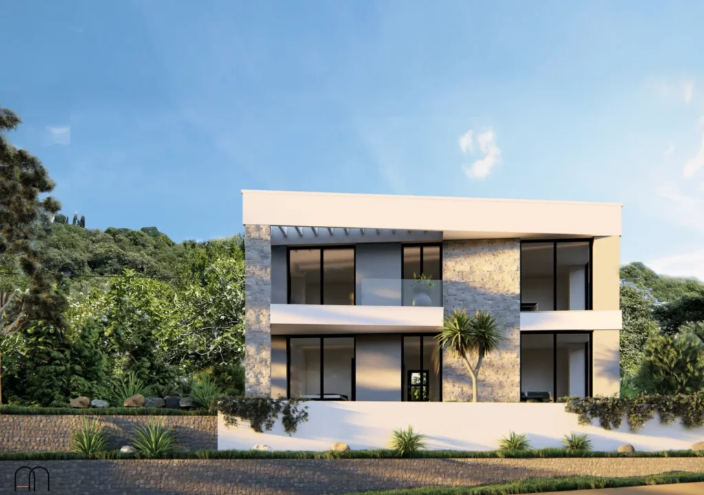 Exterior render of Drenovic Apartments showing modern residential building design