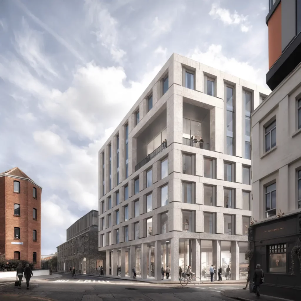 Exterior render of Dublin Staying project showing modern facade and street context