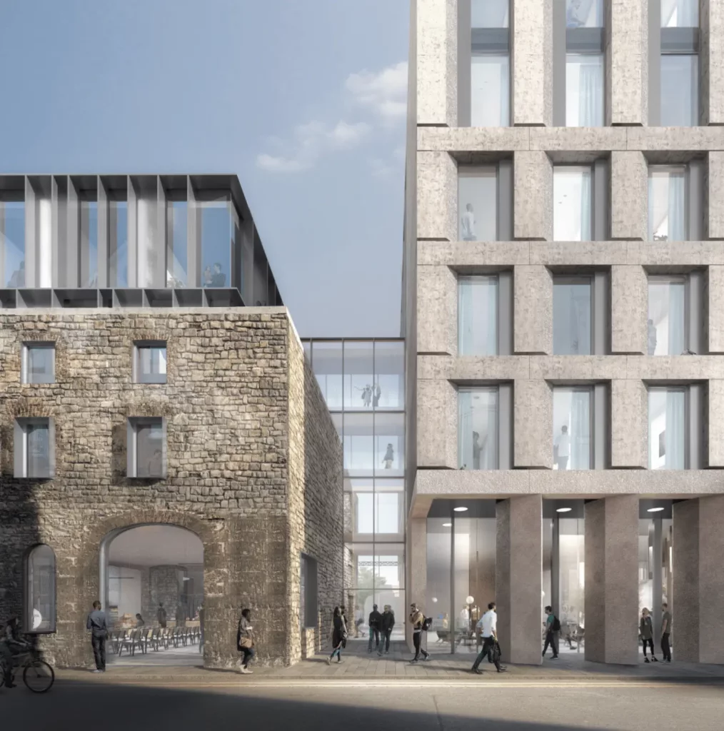 Alternate exterior render of Dublin Staying project showing building massing and corner view