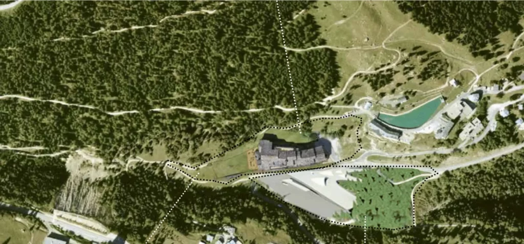 Aerial photo of Ecrin Blanc resort nestled in the valley
