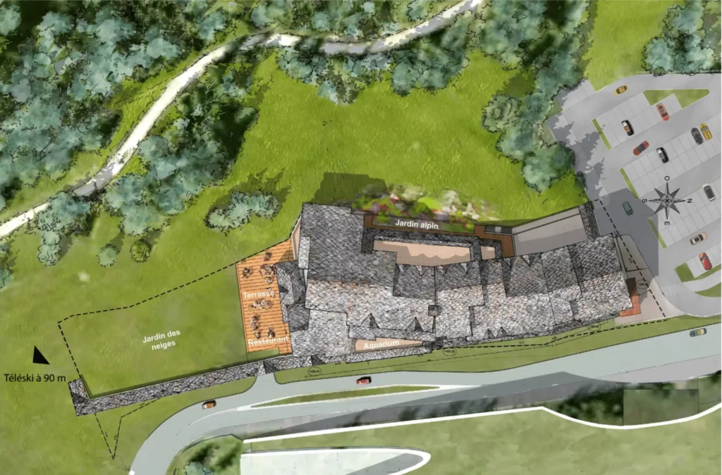 Aerial render of Ecrin Blanc resort showing full site layout and mountain backdrop