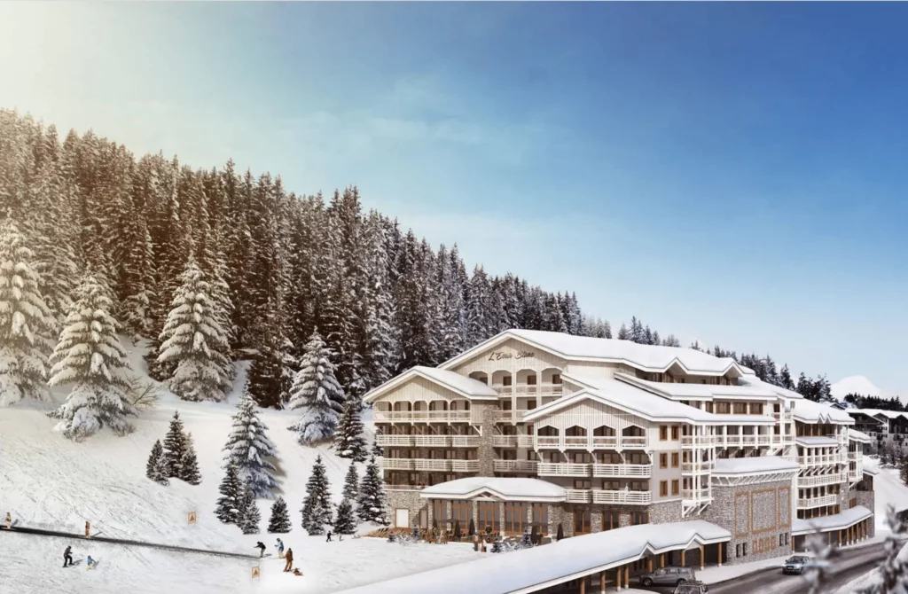 Architectural render of Ecrin Blanc exterior showing alpine hotel design