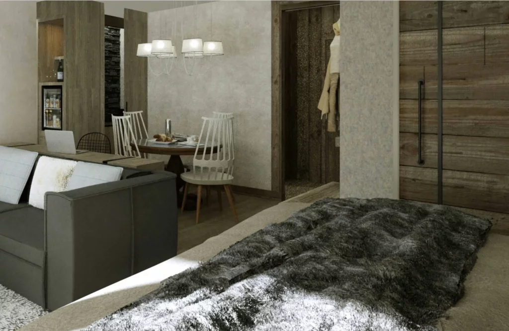Alternate guestroom at Ecrin Blanc with twin beds and minimalist alpine decor