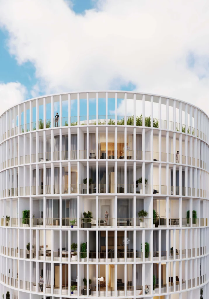 Exterior of Hoso Tower showcasing modern high-rise student accommodation
