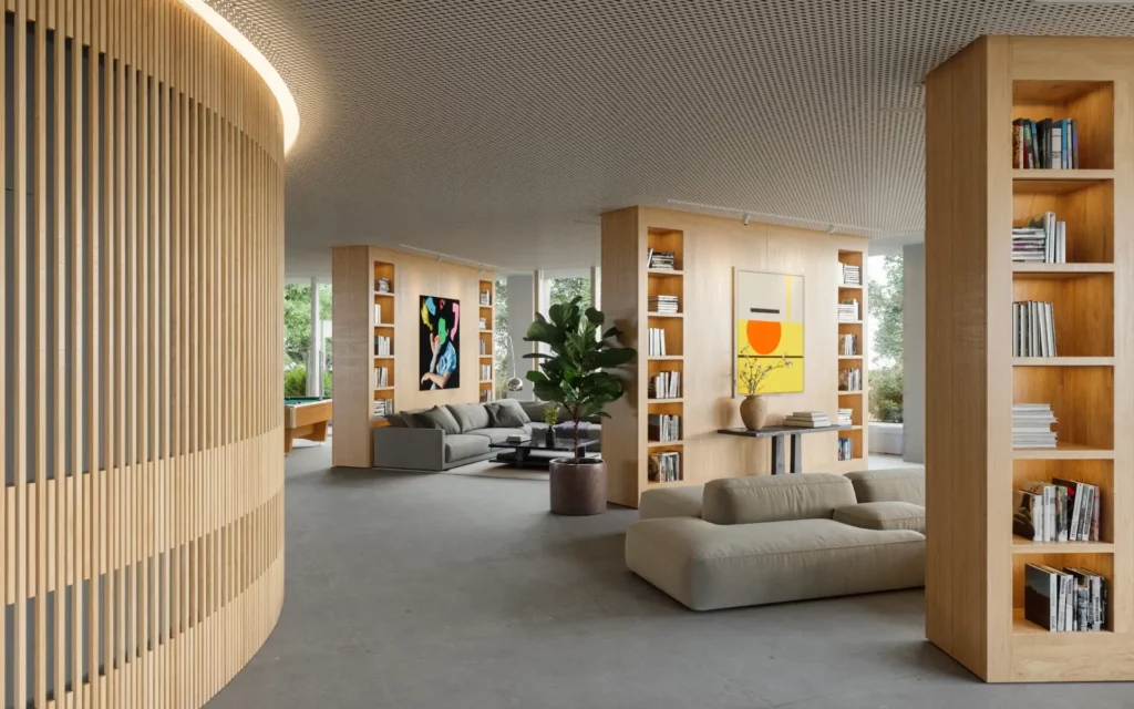 Hoso Tower communal library with quiet reading area