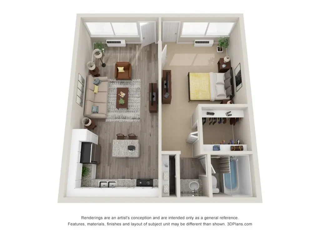 Rendered floor plan of Maingate Village one-bedroom apartment with labeled living spaces