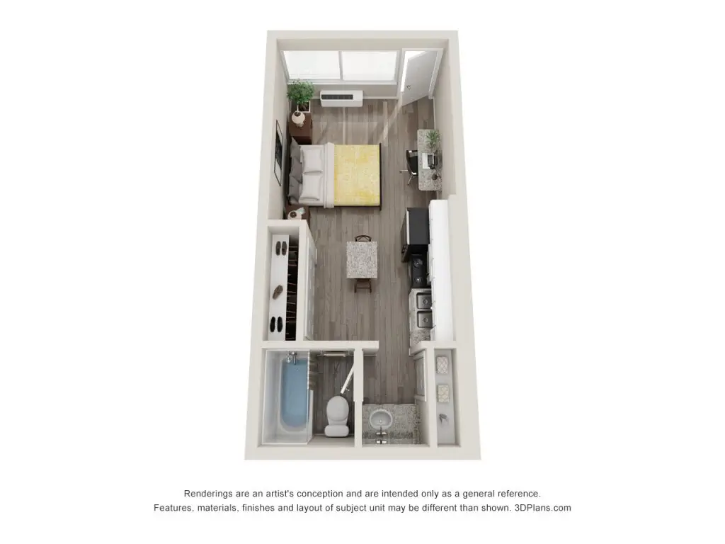 Rndered floor plan of Maingate Village small studio apartment with compact layout
