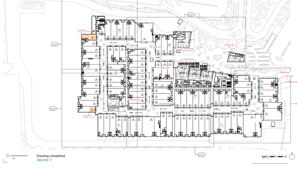 Development plan of Malmö Designer Outlet Village outlining retail zones and layout