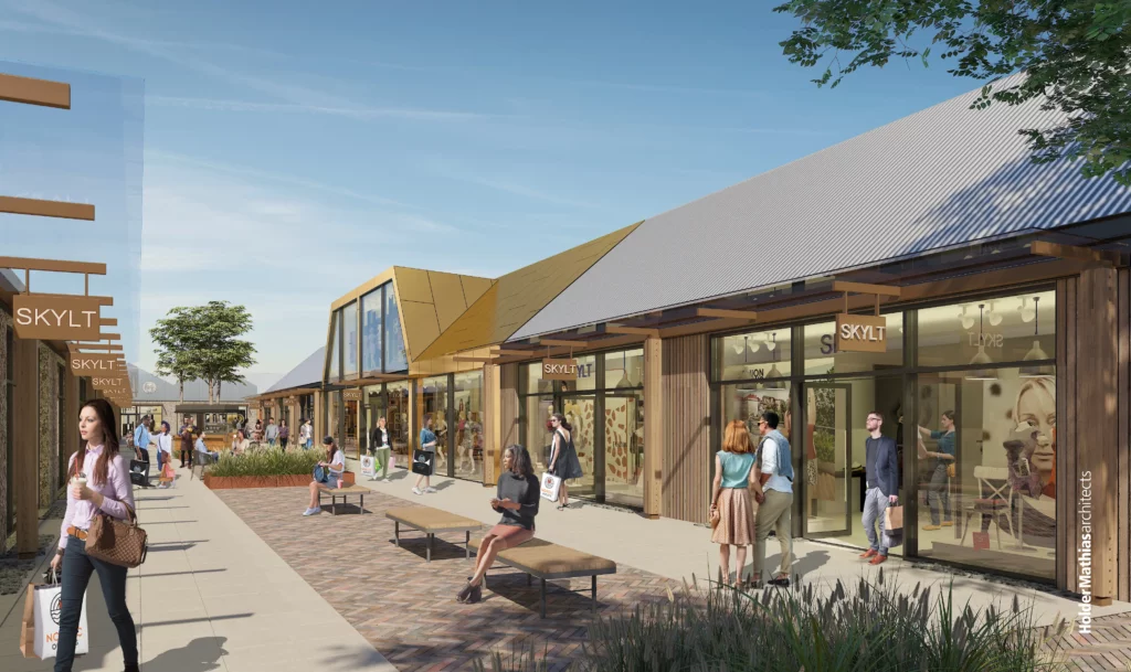 Architectural render of Malmö Designer Outlet Village showcasing exterior retail units