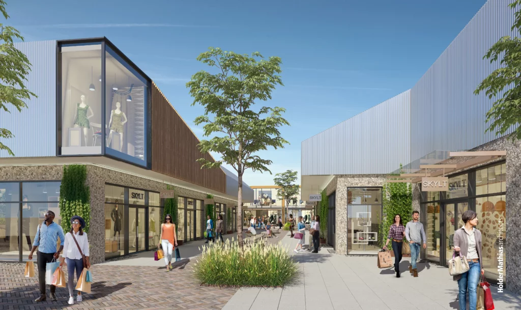 Render of pedestrian area at Malmö Designer Outlet Village with retail units on both sides