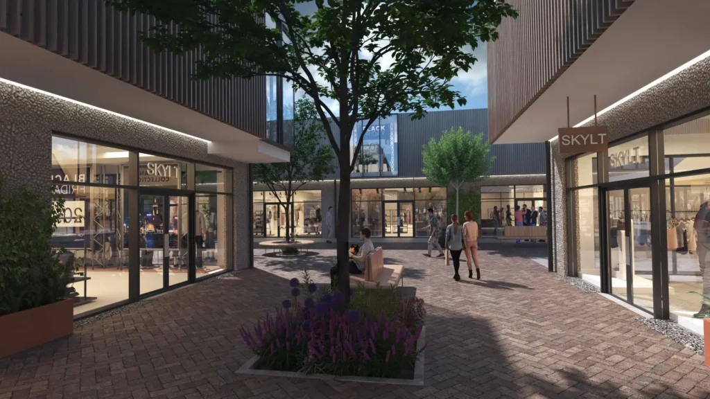 Render of Malmö Designer Outlet Village featuring pedestrian walking area and storefronts