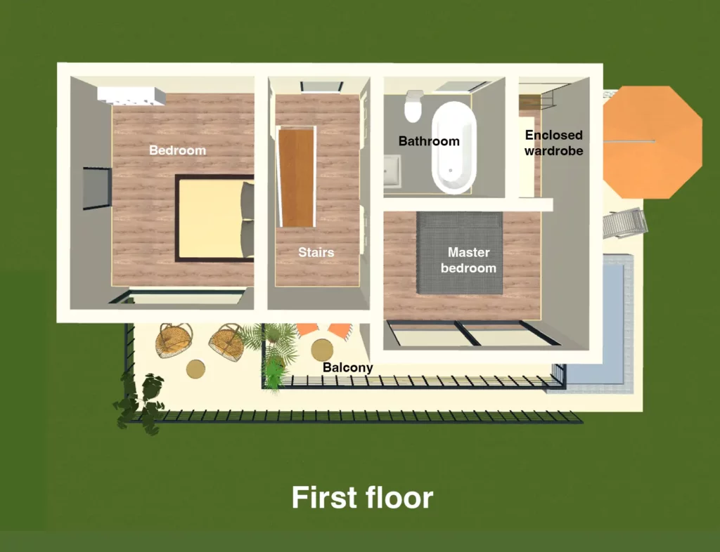 First floor architectural plan of MediVilla I showing room layout and dimensions