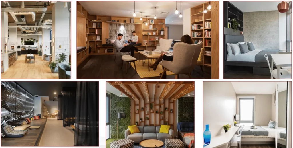 Multiple interior views of Southall co-living guest areas presented in a single image