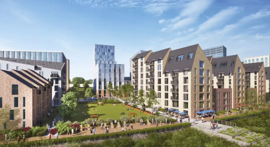 Alternate exterior render of Quayside West showing development scale and waterfront access