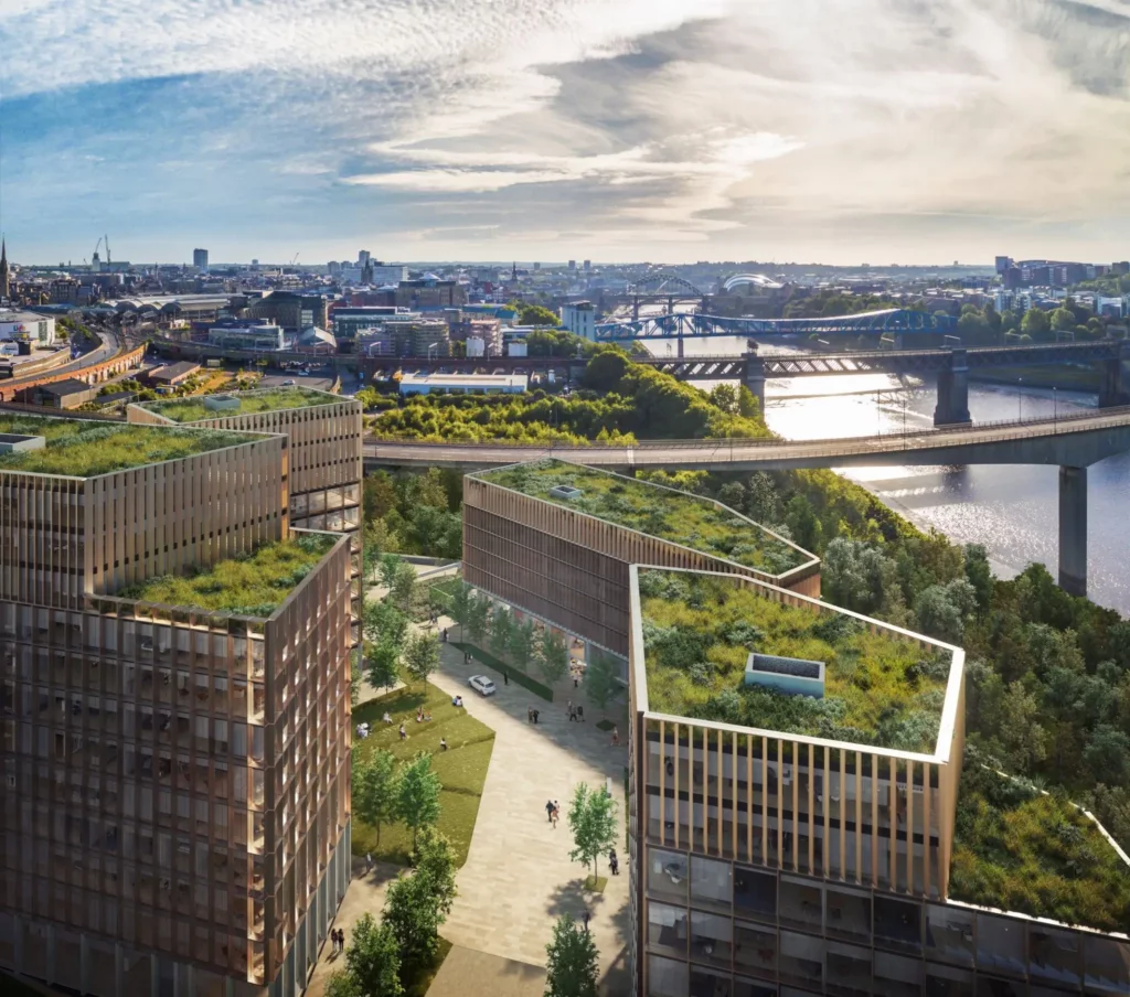 Drone view of Quayside West site showing riverfront and surrounding area